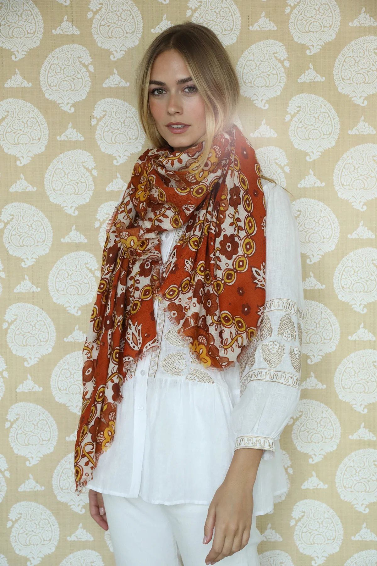 Rust Flower Medallion Scarf - Image 5