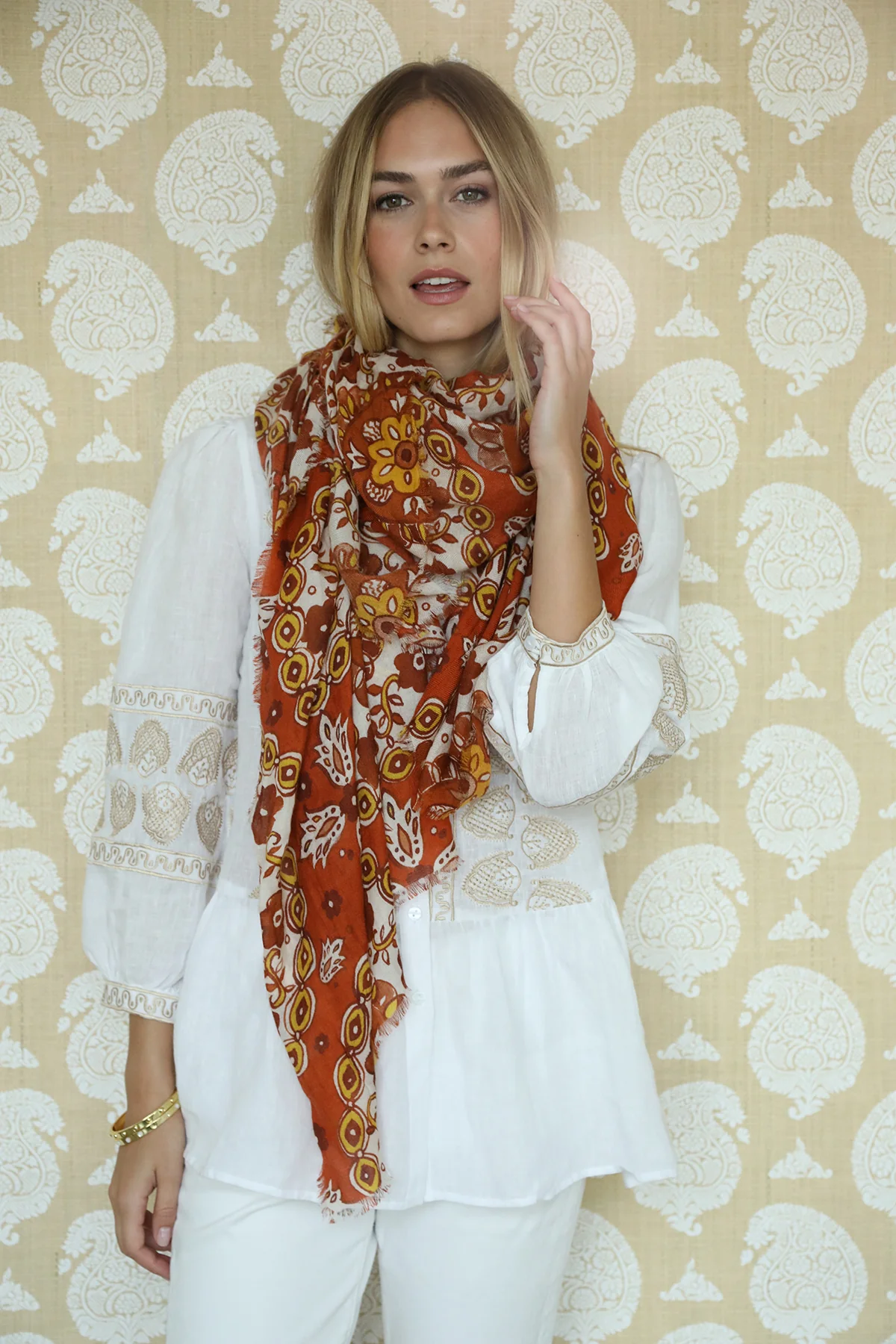 Rust Flower Medallion Scarf - Image 6